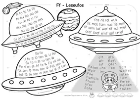 Vorschau - Arbeitsblätter - LESEN "Leseufos", zu Karibu 1 (Version 2016) - in deutscher Druckschrift - (f,t,au,ei,h,d,sch,k,z) - Teil 2 - Seite 2