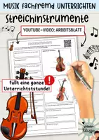 Vorschau - Arbeitsblätter - Saiteninstrumente /Streicher -Arbeitsblatt zu Youtubevideo / Musik fachfremd unterrichten - Deckblatt
