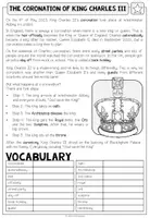 Vorschau - Arbeitsblätter - King Charles III Englisch – Coronation, Krönung, Reading Comprehension, Leseverstehen, Lesetext, Vocabulary, Speaking | Arbeitsblatt, Aufgaben, differenziertes Unterrichtsmaterial 5., 6., 7., 8. Klasse - Seite 2