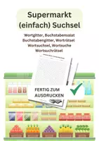 Vorschau - Spiele - Supermarkt, einfach, Suchsel, Wortgitter, Buchstabensalat, Einkauf, Kaufen, Buchstabengitter, Wortsuchrätsel, Wortsuche, Worträtsel, Wortsuchsel - Deckblatt