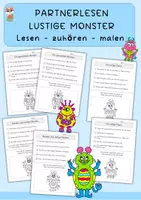 Vorschau - Arbeitsblätter - Partnerlesen, lustige Monster, lesen-zuhören-malen - Deckblatt
