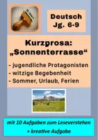 Vorschau - Arbeitsblätter - Kurzgeschichte: "Sonnenterrasse" mit Aufgaben+LÖSUNGEN zum Leseverstehen/Leseverständnis (Thema: Urlaub, Sommer, Sommerferien) - Deckblatt