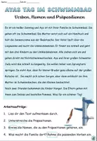 Aperçu - Feuilles d'exercices - Texte de lecture "Ayas Tag im Schwimmbad" Verbes, prépositions, noms - Allemand / Deutsch - Page 1