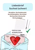 Vorschau - Arbeitsblätter - Liebesbrief, Suchsel, schwer, Wortgitter, Buchstabensalat, Buchstabengitter, Wortsuchrätsel, Wortsuche, Worträtsel, Wortsuchsel - Deckblatt
