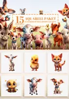 Vorschau - selbst erstellte Cliparts/Grafiken - 15 Aquarell Nutztiere Bündel, niedliche Tierbabys PNG - Deckblatt