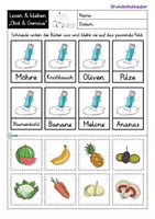 Vorschau - Arbeitsblätter - Lesen und kleben - Obst & Gemüse - Seite 1