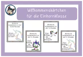 Vorschau - Bildkarten - Willkommenskärtchen Willkommensgruß Einhornklasse #Klassentier - Deckblatt