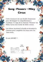 Aperçu - Feuilles d'exercices - Chanson / Song " Flowers " - Miley Cyrus - Page de couverture