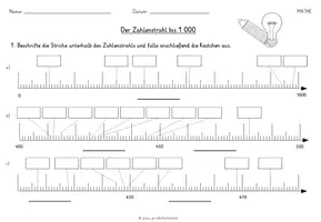 Vorschau - Arbeitsblätter - Zahlenstrahl bis 1000 / Tausend - Arbeitsblätter mit Lösungen - Seite 1