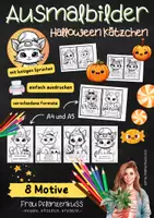 Vorschau - Mal- und Bastelvorlagen - Halloween Kätzchen: Ausmalbilder mit Sprüchen | Klasse 1 bis 4 - Seite 1