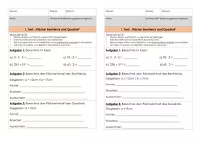 Vorschau - Test - Minitest Flächenberechnung Rechteck und Quadrat - Deckblatt