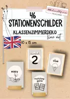 Vorschau - Mal- und Bastelvorlagen - Klassenzimmerdeko line art & Boho: Stationenschilder ENG - Deckblatt