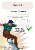 Vorschau - Arbeitsblätter - Freizeit, Suchsel, schwer, Wortgitter, Buchstabensalat, Buchstabengitter, Wortsuchrätsel, Wortsuche, Worträtsel, Wortsuchsel, Wörtersuche, Suchrätsel - Deckblatt