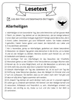 Vorschau - Arbeitsblätter - Leseverständnis (Leseverstehen) - Allerheiligen + Lösungen (mit didaktischer Resverve) - Seite 1