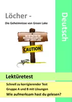 Vorschau - Arbeitsblätter - Lesetest - Löcher - Geheimnisse von Green Lake Lektüretest mit Lösung A B - Louis Sachar - Deckblatt