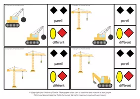 Aperçu - Apprentissages en autonomie - Cartes à pince "Pareil/Différent" des Engins de chantier - Page 2