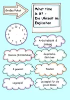 Vorschau - Spiele - What time is it- Paket mit Spielen und Arbeitsblättern zum Einüben der Uhrzeit im Englischen - Deckblatt