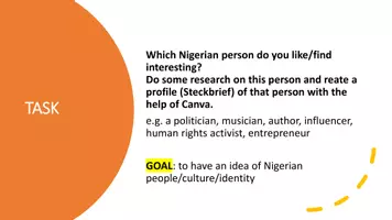 Vorschau - Präsentationen/Tafelbilder - Miniproject- Nigeria - Englisch Oberstufe - Famous Nigerians- Canva Profile - Seite 1