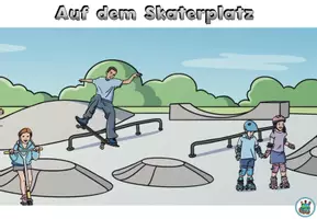 Vorschau - Mal- und Bastelvorlagen - Wimmelbild / Ausmalbild "Auf dem Skaterplatz" Im Park - DaZ / DaF / Deutsch - Seite 1