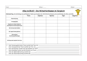 Vorschau - Stundenentwürfe - Wirbeltierklassen Merkmale - Tabelle / Arbeitsblatt - Seite 1