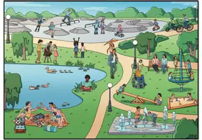 Vorschau - Arbeitsblätter - Wimmelbild / Ausmalbild "Im Park" DaZ / DaF / Deutsch - Seite 1
