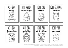 Vorschau - Mal- und Bastelvorlagen - Mutmachkarten zum Ausmalen | Hamster-Motive & positive Affirmationen | Klasse 1–4 - Seite 1