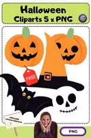 anteprima - Materiale per pittura e bricolage - Spagna Cliparts di Halloween | Zucca, cappello, teschio, pipistrello | Illustrazioni commerciali - Pagina di copertina