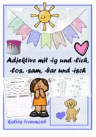 Vorschau - Arbeitsblätter - Adjektive mit -ig und -lich, -los, -sam, -bar und -isch - Deckblatt