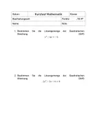 Vorschau - Test - Kurztest: Wdh Quadratische Gleichungen - Jahrgangsstufe - Deckblatt