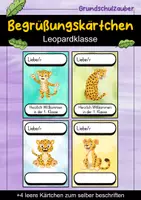 Vorschau - Bildkarten - Begrüßungskärtchen - Leopard für die Leopardklasse - Willkommensgruß - Deckblatt