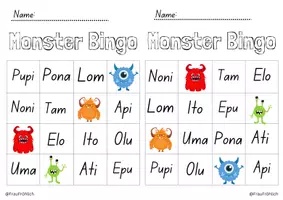 Vorschau - Arbeitsblätter - Silben Bingo zum Lesen Lernen - Monster - Klasse 1/ Buchstaben M,I,A,P,O,N,T,L,U,E (Mimi-Fibel) - Seite 1