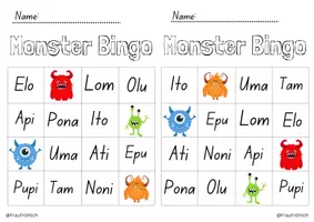 Vorschau - Arbeitsblätter - Silben Bingo zum Lesen Lernen - Monster - Klasse 1/ Buchstaben M,I,A,P,O,N,T,L,U,E (Mimi-Fibel) - Seite 2
