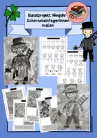Vorschau - Mal- und Bastelvorlagen - Kunstidee Neujahr: SchornsteinfegerInnen malen; Kunst Grundschule Winter - Deckblatt