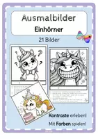 Vorschau - Mal- und Bastelvorlagen - Ausmalbilder Kunstprojekt Einhorn Farbkontraste - Deckblatt