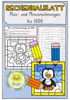 Vorschau - Arbeitsblätter - Rechenmalblatt - Plus- und Minusrechnungen bis 1000 – Pinguin - Deckblatt