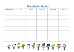 Vorschau - Arbeitsblätter - Spiel zu den Wortarten: Tier - Stadt - Nomen - Adjektive - Verb - Seite 1