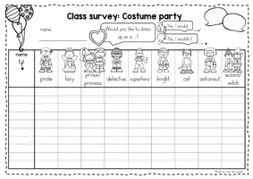 Vorschau - Arbeitsblätter - Costume Party - Class Survey Englisch Grundschule (Klasse 3–4) – Interview & Speaking Activity für Wortschatztraining Fasching | Arbeitsblätter - Seite 1