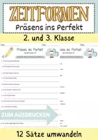 Vorschau - Arbeitsblätter - Präsens ins Perfekt A2-B2 2. Klasse 3. Klasse Zeitformen Präsens Perfekt Deutsch Arbeitsblatt mit Lösungen - Deckblatt