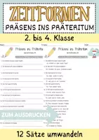Vorschau - Arbeitsblätter - Präsens ins Präteritum A2-B2 2. Klasse 3. Klasse Zeitformen Präsens Präteritum Deutsch Arbeitsblatt mit Lösungen - Deckblatt