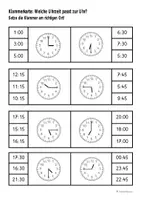 Vorschau - Arbeitsblätter - Klammerkarte Uhrzeiten (volle, halbe und viertel Stunden) - Seite 1