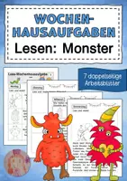 Vorschau - Arbeitsblätter - Wochenhausaufgaben Lesen Monster - Deckblatt