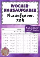 Vorschau - Arbeitsblätter - Wochenhausaufgabe Mathematik, 1.Klasse, Plusaufgaben im ZR5 - Deckblatt