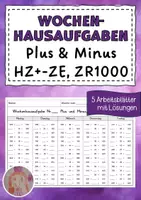 Vorschau - Arbeitsblätter - Wochenhausaufgaben: Plus- und Minusaufgaben im Zahlenraum bis 1000 - Deckblatt