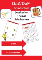 Vorschau - Arbeitsblätter - Lesekarten mittelschwer Thema Schulsachen 1. bis 2. Klasse Deutsch, DaZ/DaF, Fremdwörter Spiel - Deckblatt