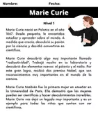 Vista previa - Hojas de trabajo - Mujer y Ciencia: Marie Curie - 3 niveles de comprensión lectora y actividades - página 1