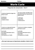 Vista previa - Hojas de trabajo - Mujer y Ciencia: Marie Curie - 3 niveles de comprensión lectora y actividades - página 2