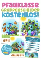 Vorschau - Mal- und Bastelvorlagen - Pfauenklasse Klassentier Pfau Gruppenschilder Kostenlos Grundschule - Deckblatt