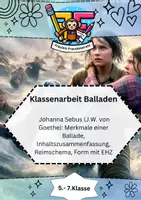 Vorschau - Klassenarbeiten - Klassenarbeit Balladen 📚 - Johanna Sebus (J.W. von Goethe): Merkmale einer Ballade, Inhaltszusammenfassung, Reimschema, Form mit EHZ - Deckblatt