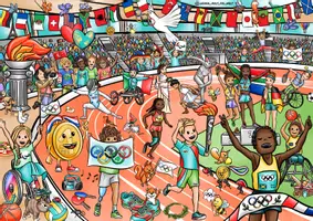 Vorschau - Mal- und Bastelvorlagen - Bildkarte Wimmelbild „Olympische Spiele“ / Olympia Olympiade - Seite 1