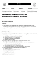 Vorschau - Arbeitsblätter - Volkswirtschafts- und Betriebswirtschaftslehre Klassenarbeit 12. Klasse - Deckblatt